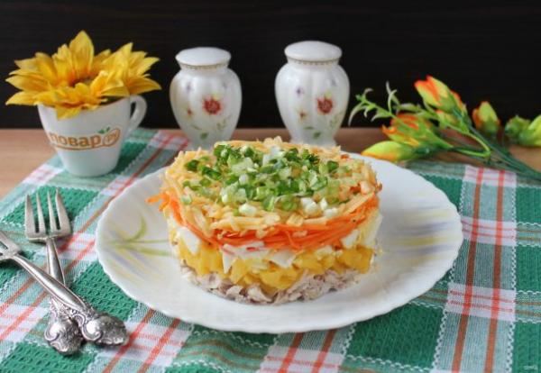 Салат с корейской морковью, курицей и ананасами - просто,вкусно - фоторецепт пошагово